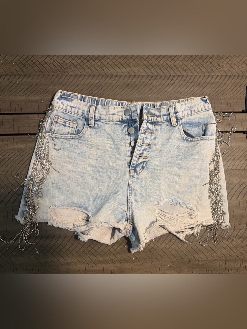 Savanna Jane Light Blue Distressed Denim Shorts with Silver Fringe